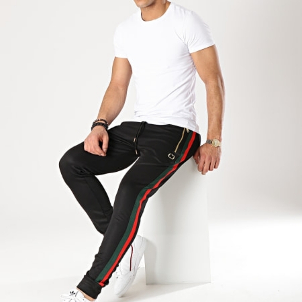 Men's Black Track Pants with Red and Green Stripes